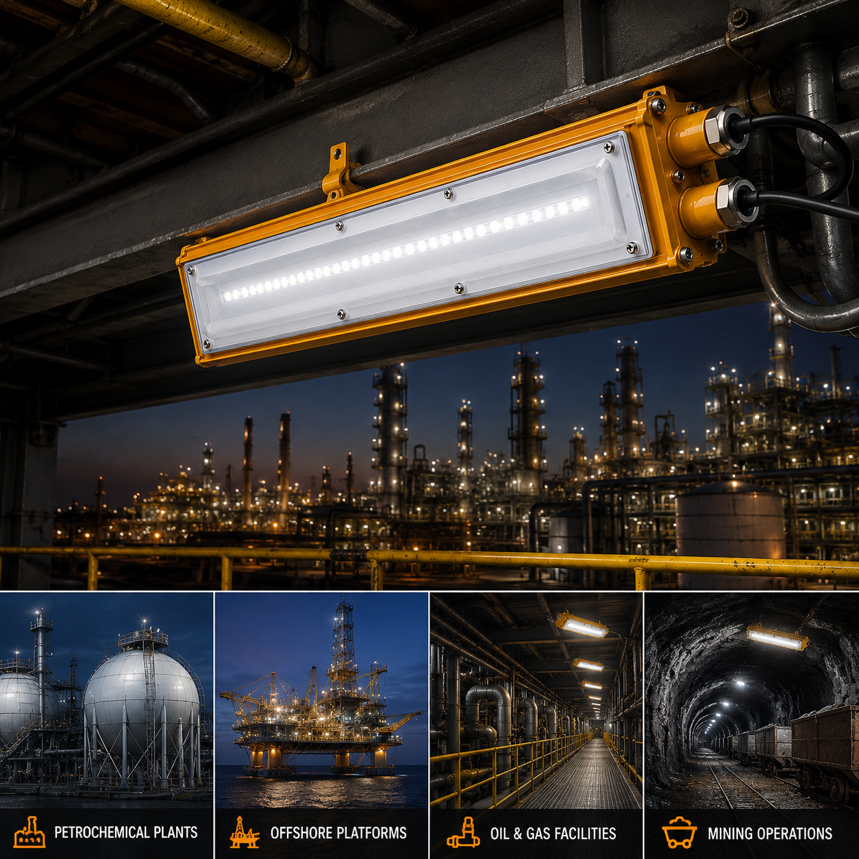 Explosion-proof linear light installed in industrial area