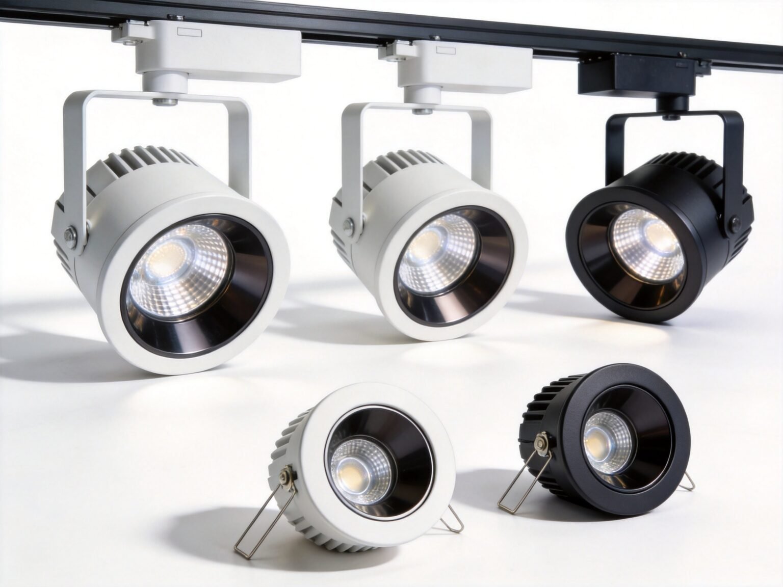 LED high bay fixtures installed in a large industrial warehouse interior