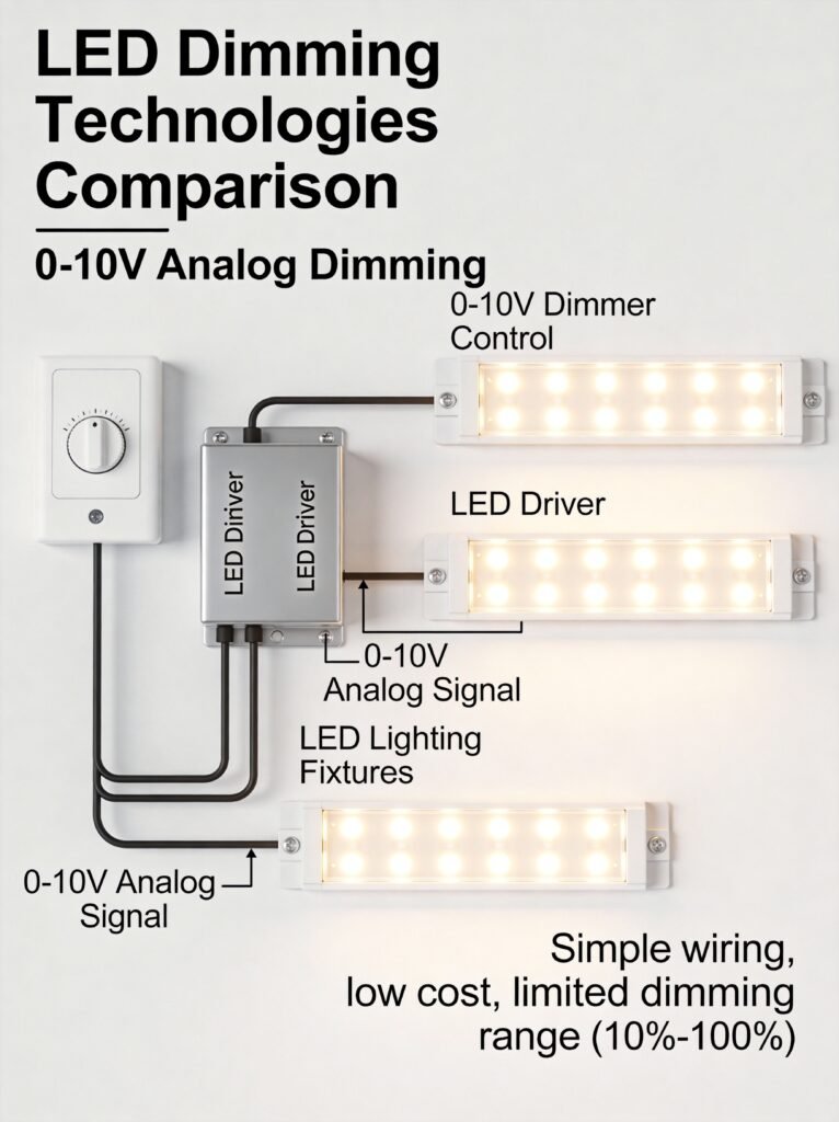 Commercial LED Dimming Technologies Compared: 0-10V vs DALI vs DMX512 vs Bluetooth Mesh commercial LED dimming technologies comparison