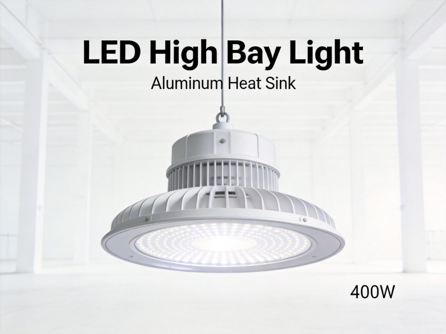 Industrial LED high bay with aluminium reflector optic mounted in a warehouse