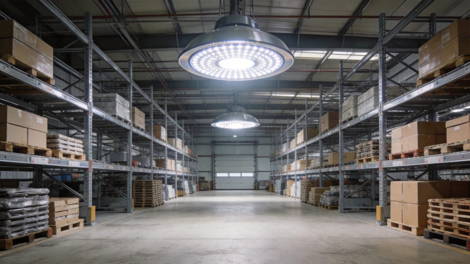 LED high bay fixtures installed over a wide industrial warehouse interior