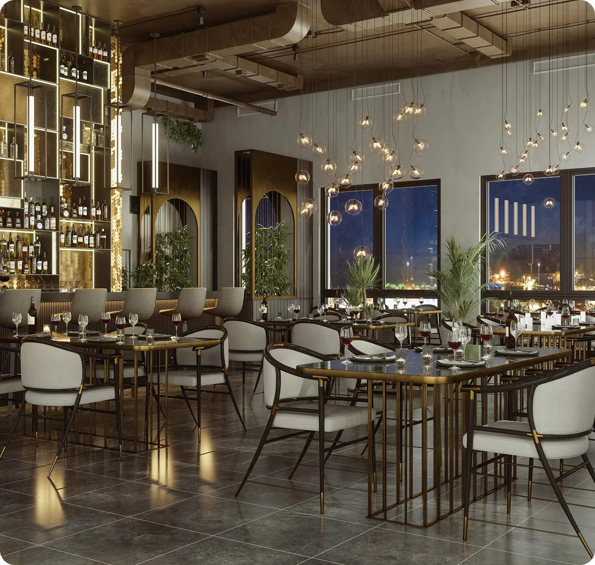 Modern restaurant with industrial pendant fixtures over dining tables