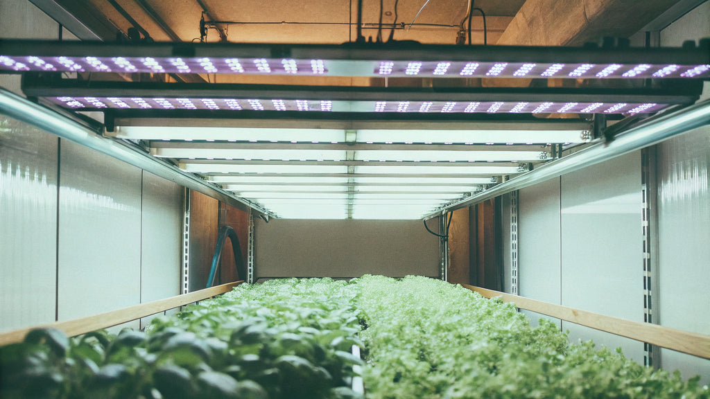 Modern indoor agriculture grow room with spectrum-tuned LED lighting
