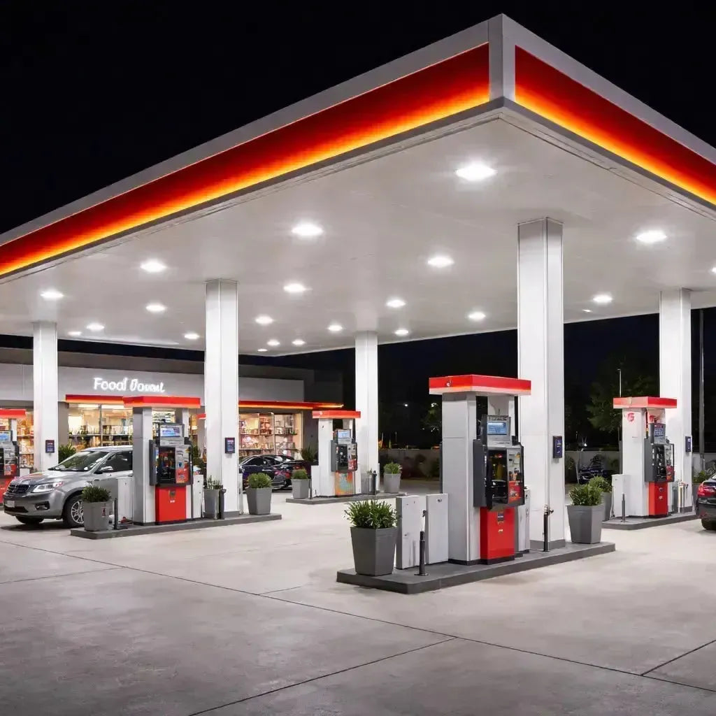 Gas Station & Canopy LED Lighting: What Commercial Buyers Get Wrong in 2026 Gas station canopy lighting at night with bright LED fixtures