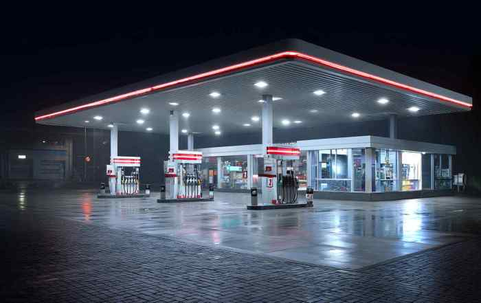 Gas Station & Canopy LED Lighting: What Commercial Buyers Get Wrong in 2026 Night view of gas station with wet ground reflecting canopy lights