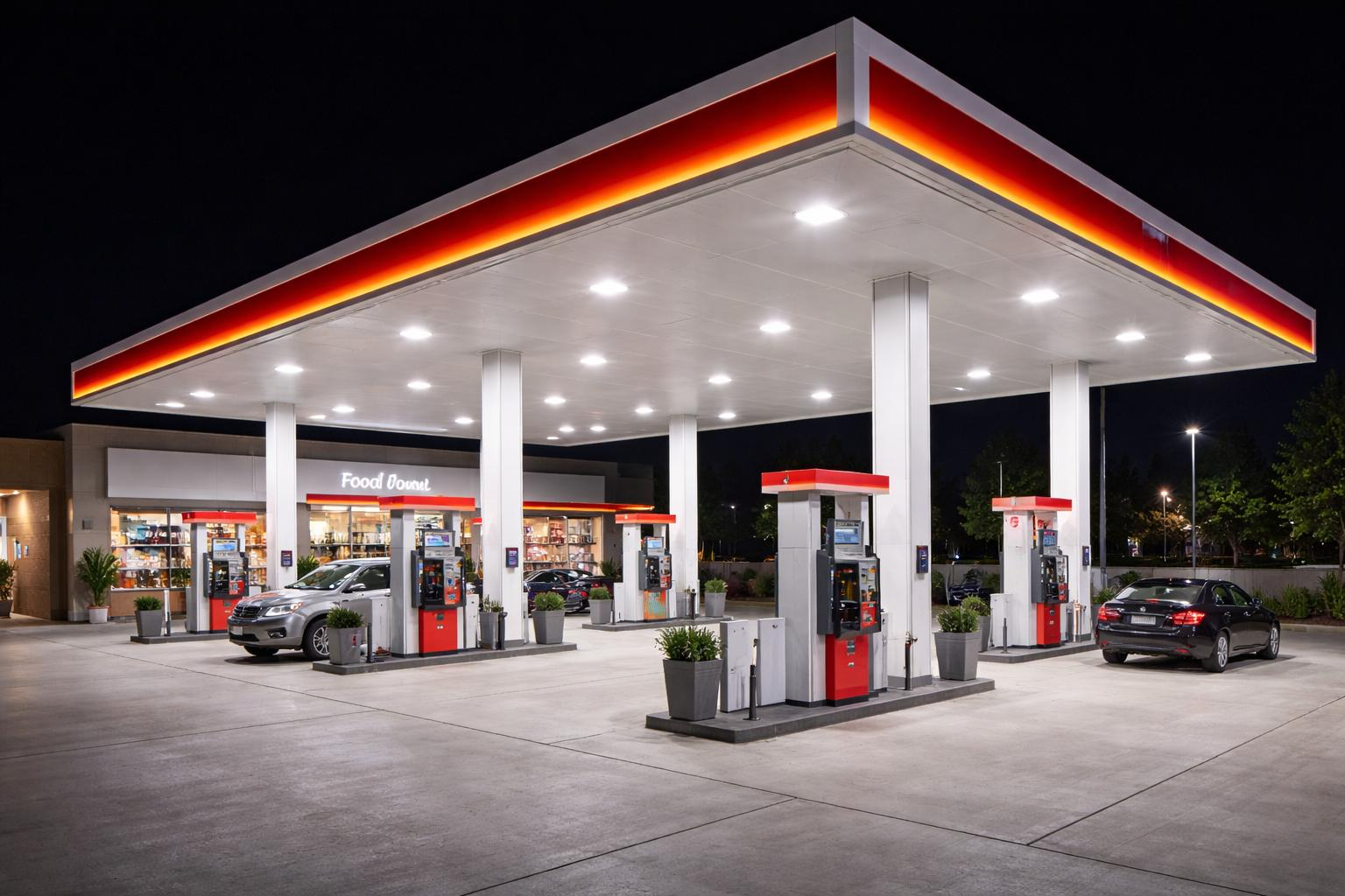 Gas Station & Canopy LED Lighting: What Commercial Buyers Get Wrong in 2026 Complete gas station exterior with branded canopy lighting