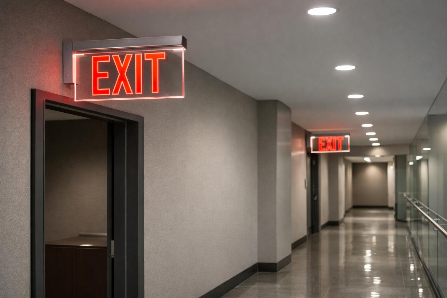Office corridor with exit signs