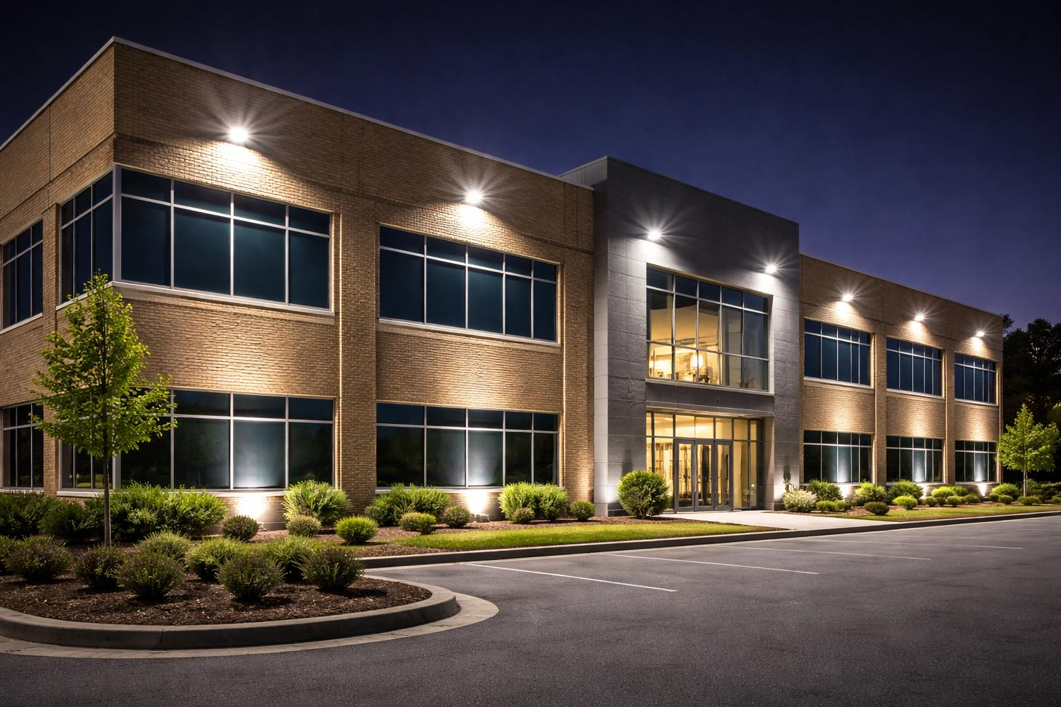 Commercial building exterior LED lighting at night