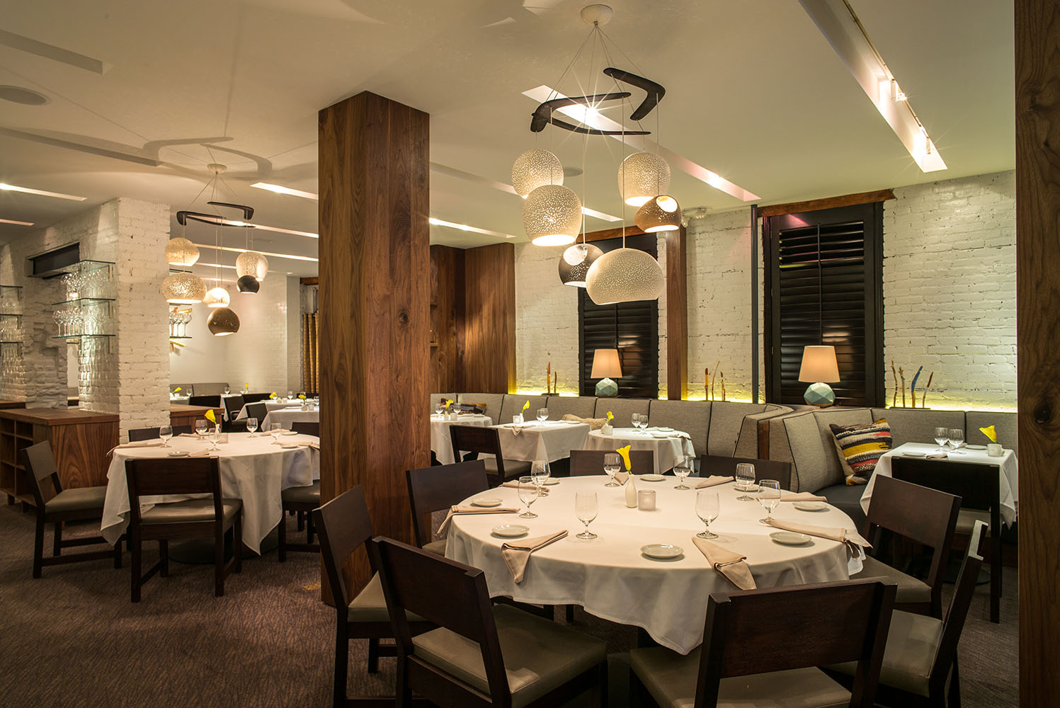Restaurant dining area with ambient lighting