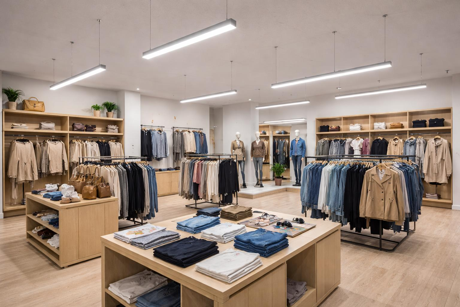 Retail Store Fixture Lighting in 2026: Why Your Shop Looks Wrong Apparel store with layered LED lighting display