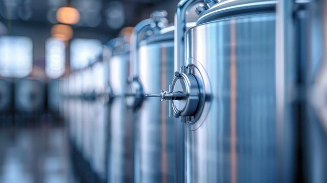 Stainless steel fermentation tanks inside a craft brewery with industrial LED lighting and visible steam and moisture in the air