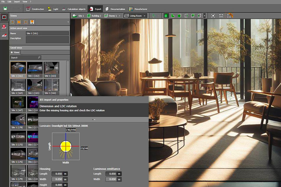 DIALux lighting design software interface with IES file import for photometric calculation