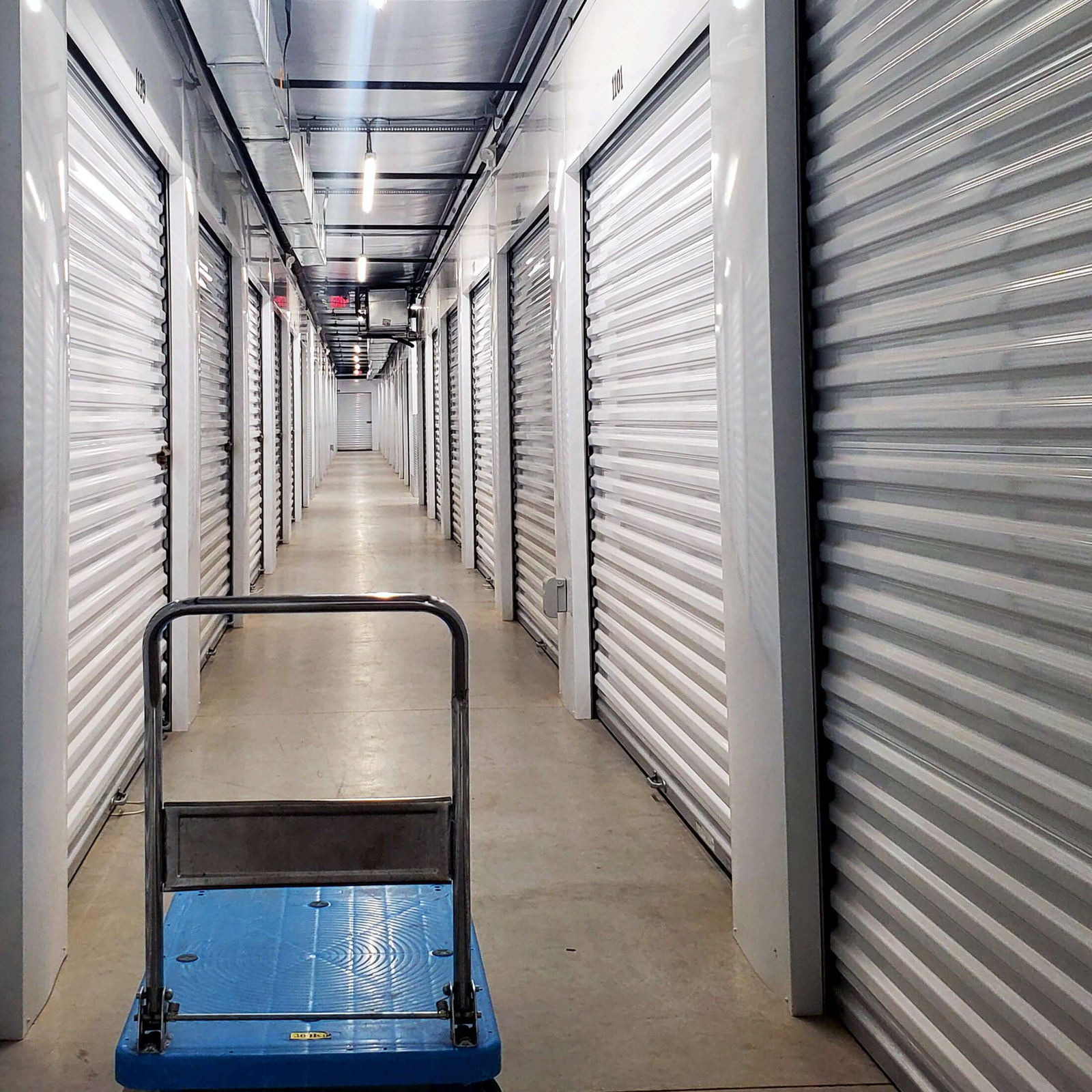 Long white self-storage climate-controlled interior corridor with white corrugated roll-up doors on both sides, a blue flatbed cart positioned in the foreground, polished concrete floor, visible fire suppression sprinkler system and conduit on the ceiling, with linear LED fixtures mounted along the corridor center