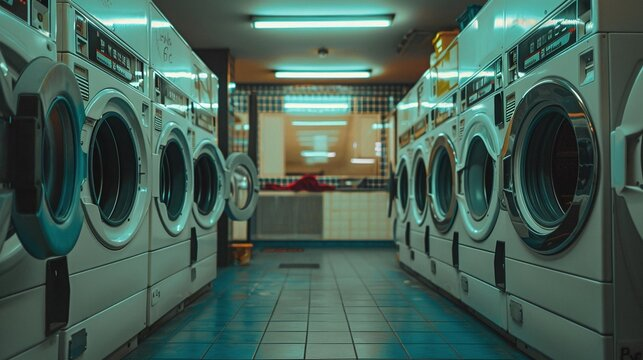 Long narrow corridor of a public laundromat with rows of white commercial washing machines and dryers on both sides of a central walkway, blue tile floor, fluorescent strip ceiling lights providing even cool illumination, blue and red washer doors creating a sense of depth, with signs and posters on the walls at the back of the space