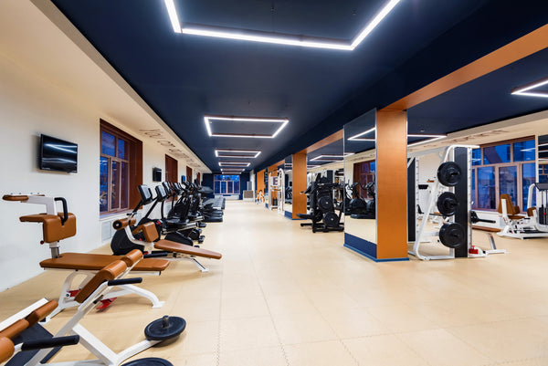 Commercial strength training zone with LED panel lights on dark ceiling, mirrors on wall, and silver exercise machines