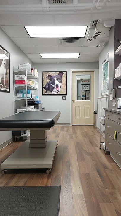 Corgi dog standing on a stainless steel exam table in a modern veterinary clinic exam room with medical supplies on shelves and a wall poster of a dog