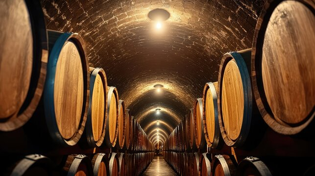Winery barrel room with stacked oak barrels and warm dim overhead lighting creating a controlled aging environment