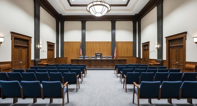 Wide-angle view of an empty modern US courtroom from the public gallery showing rows of blue cushioned seats flanking a center aisle, with the judge