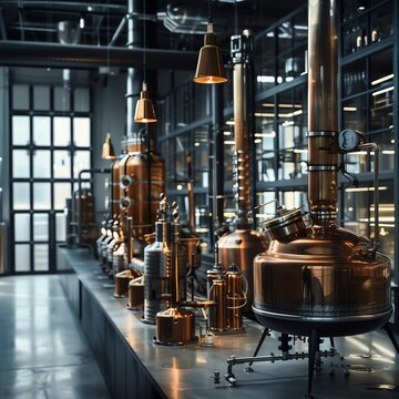 Copper pot stills in a craft distillery interior with industrial ceiling pendant lights and stainless steel piping
