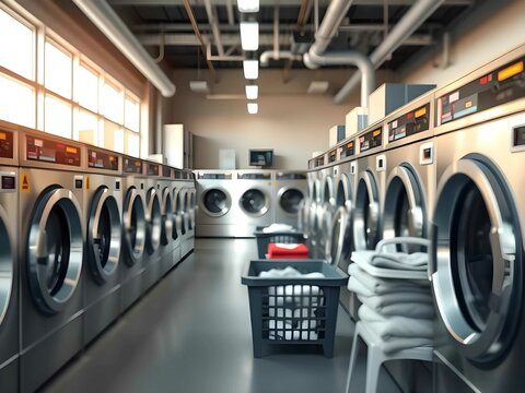 Brightly lit self-service laundry interior with washing machines on both sides, central walkway with black laundry baskets on the floor, white towels folded on a small white table to the right, warm yellow ambient lighting from ceiling fixtures, large windows on the left side letting in natural light, vending and soap area in the background