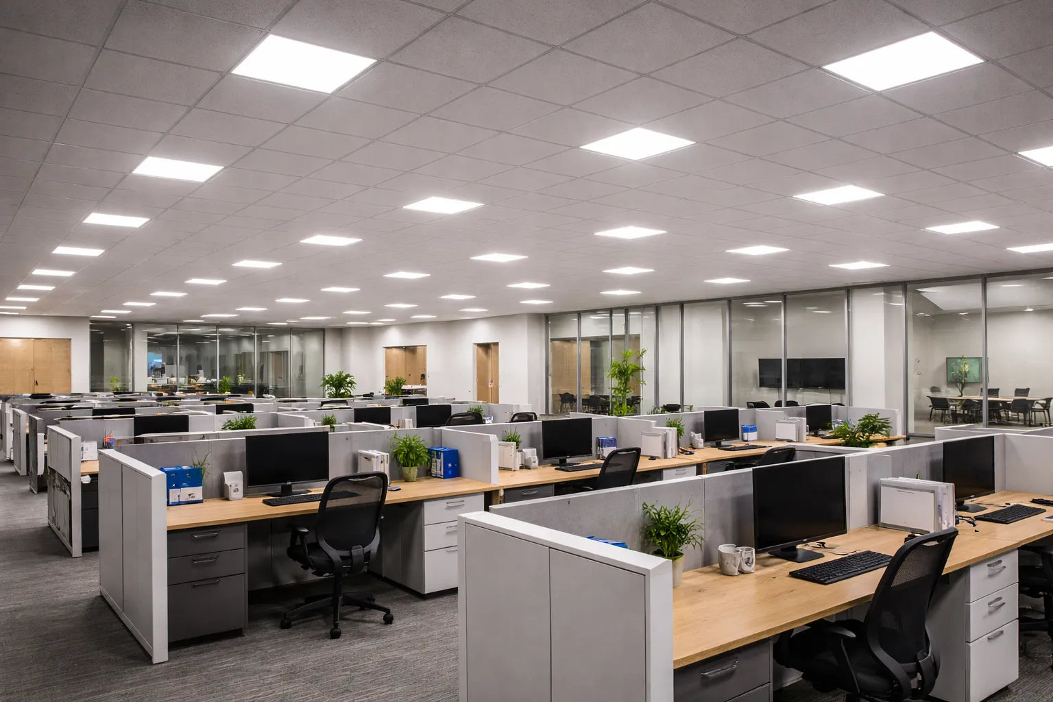 Modern commercial office space with embedded LED ceiling lights