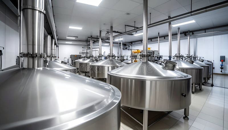 Modern brewery storage room with large stainless steel tanks and clean white LED ceiling lights in an industrial production setting