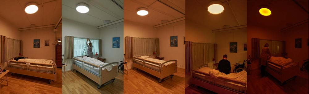 A side-by-side comparison showing the same resident bedroom at five different times of day: warm orange dawn light, neutral white morning, soft warm afternoon, dim brown evening, and saturated red night light, demonstrating circadian lighting transitions