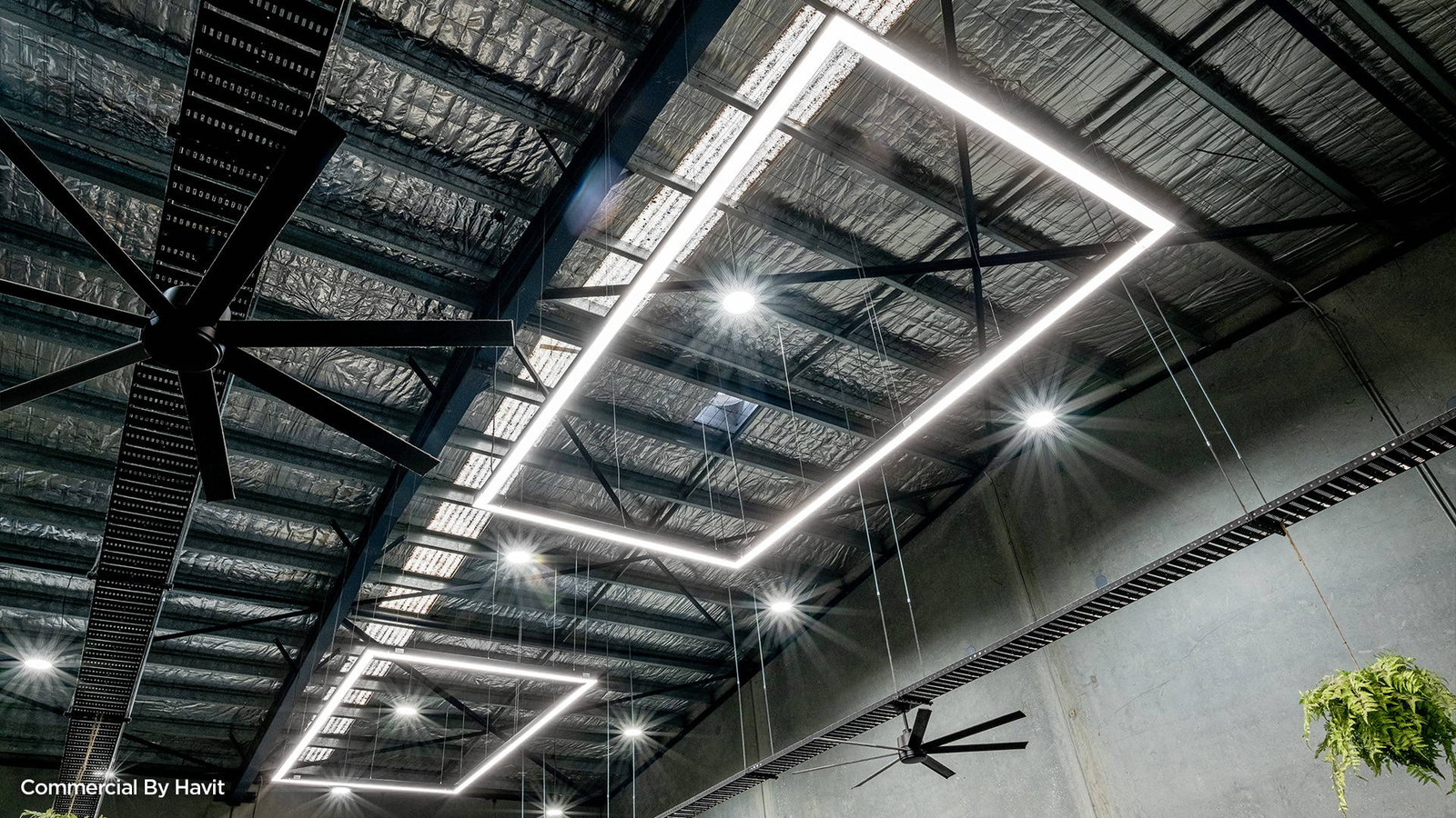 Commercial gym ceiling with industrial-style rectangular linear LED light fixtures and large ceiling fans over industrial floor