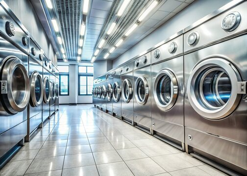Wide-angle interior view of a public laundromat with multiple rows of large industrial stainless steel front-loading washing machines arranged in parallel lines, polished grey tile floor, bright white fluorescent ceiling lights in a grid pattern, glass windows at the far end letting in natural daylight, creating a clean and well-organized laundry facility atmosphere