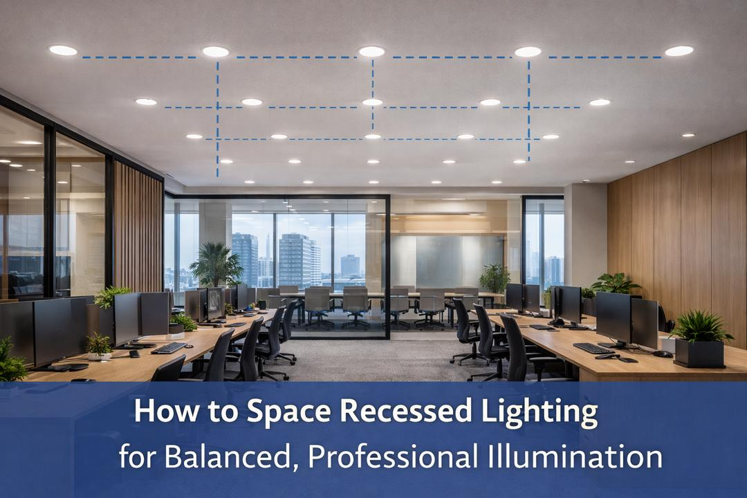 Office space showing recessed LED lighting layout with annotated spacing diagram