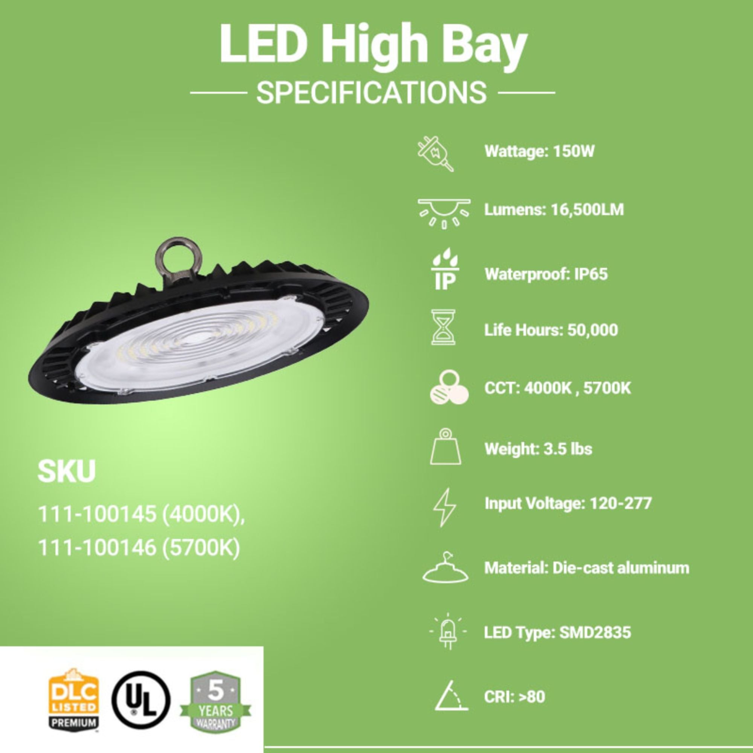 Workshop ceiling lit by narrow beam LED high bay luminaires