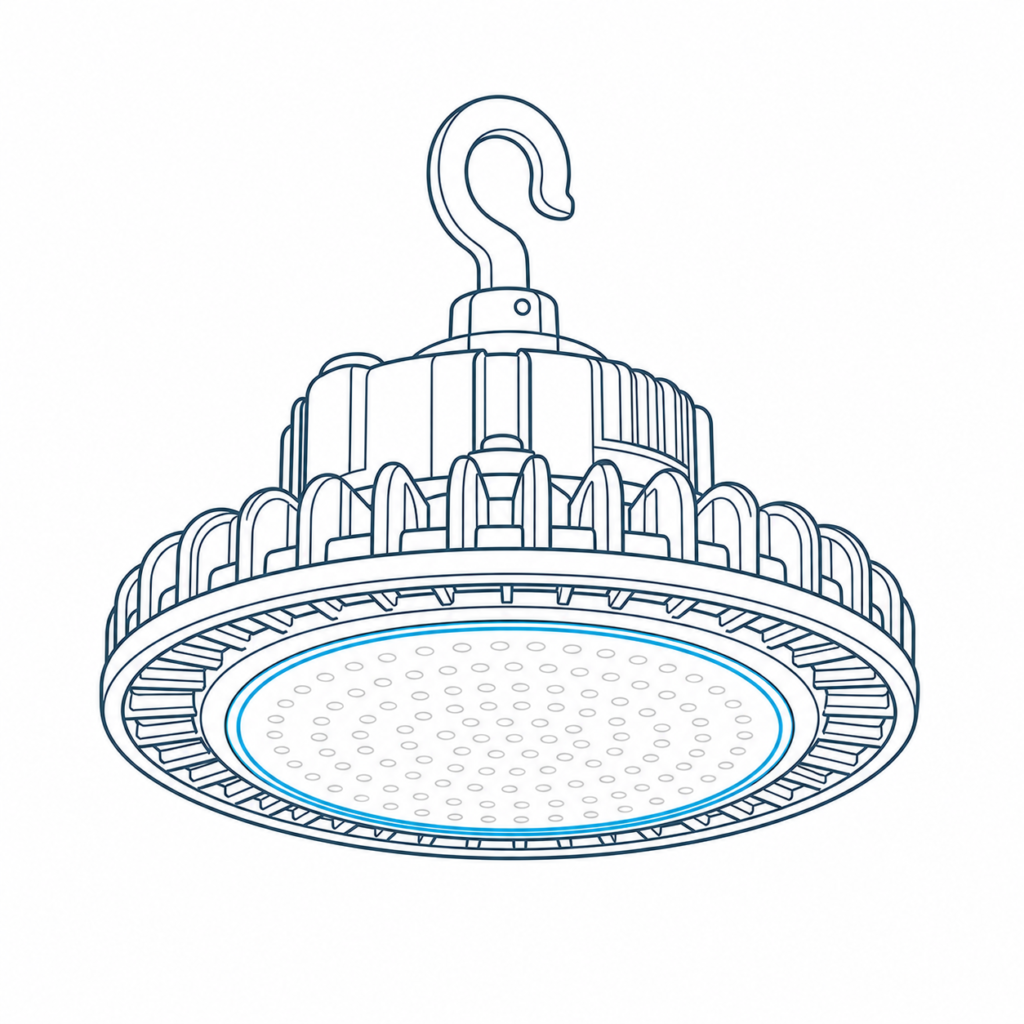 Line illustration of a high-bay luminaire showing the lens face and heat sink