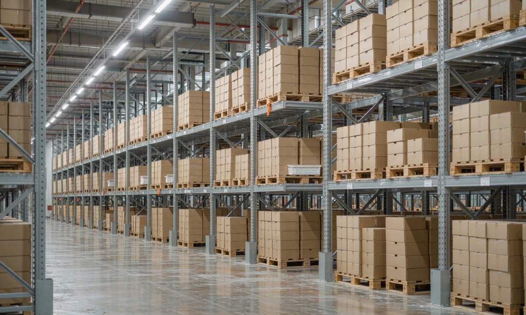 European distribution warehouse aisle lit by linear LED high bay luminaires