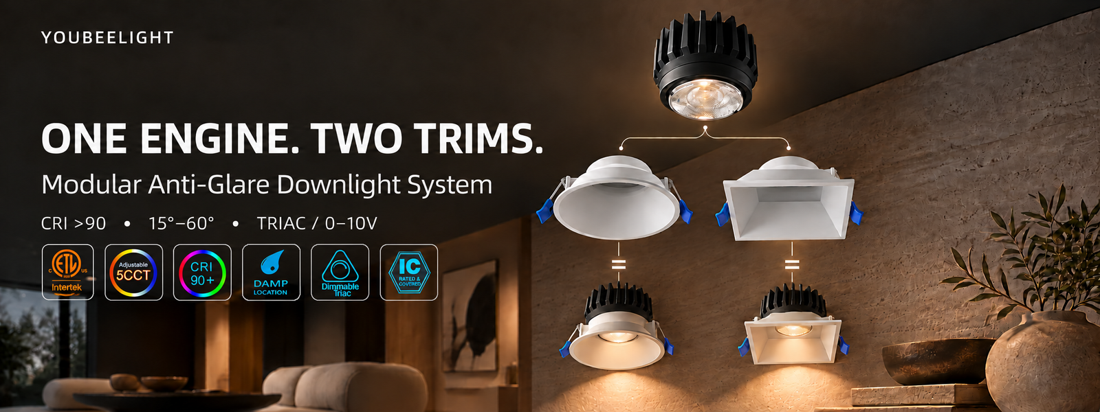 YOUBEELIGHT modular anti-glare downlight system with round and square trims