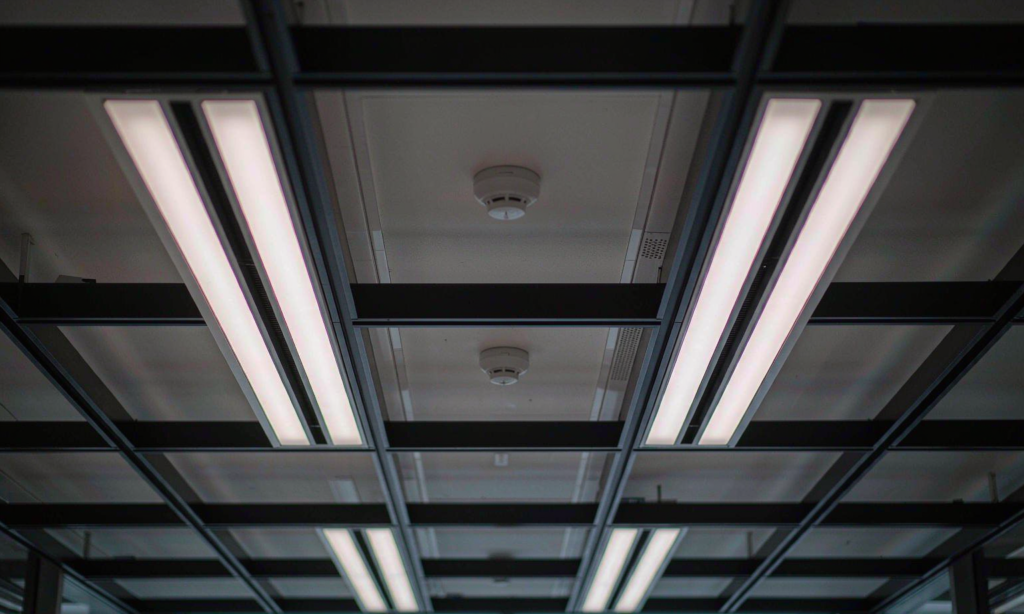 Recessed linear LED luminaires and ceiling-mounted sensors in a modern commercial office ceiling