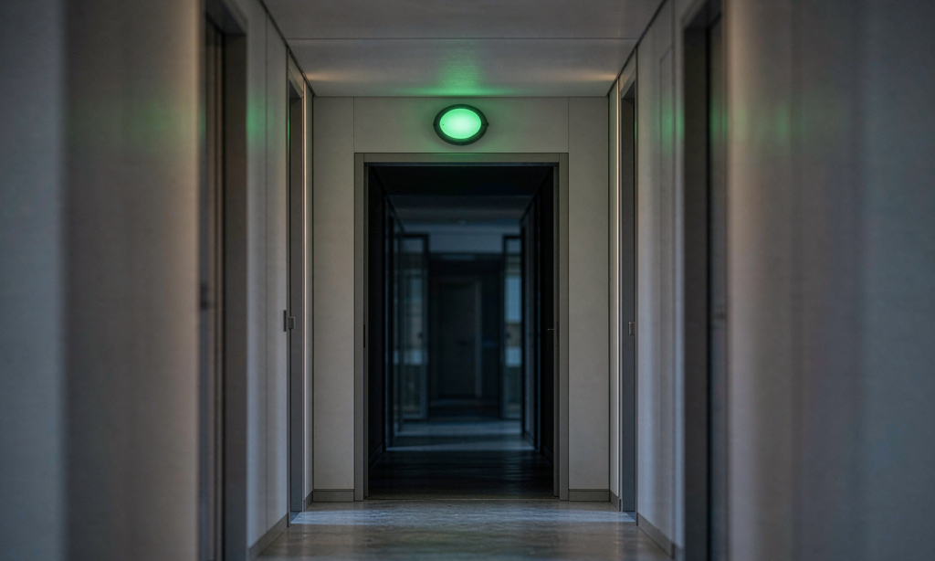 Emergency bulkhead luminaire glowing green above an exit doorway in a modern office corridor