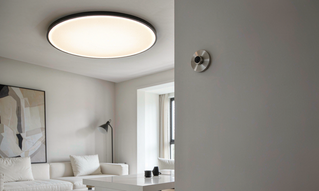 Flush mounted round smart LED ceiling light switched on in a modern living room