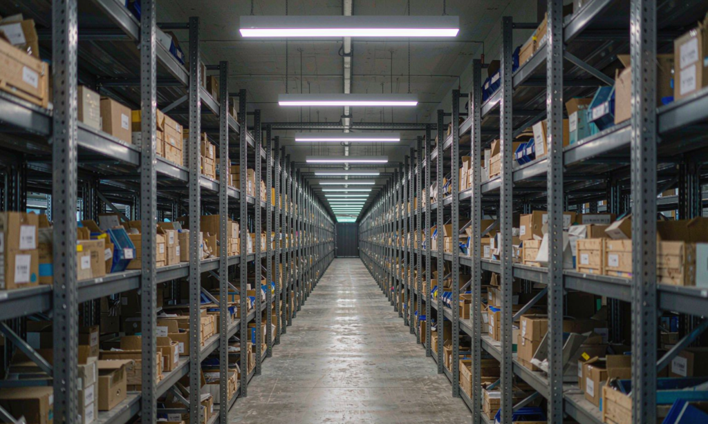 Linear LED luminaires in a row lighting a narrow warehouse racking aisle from above
