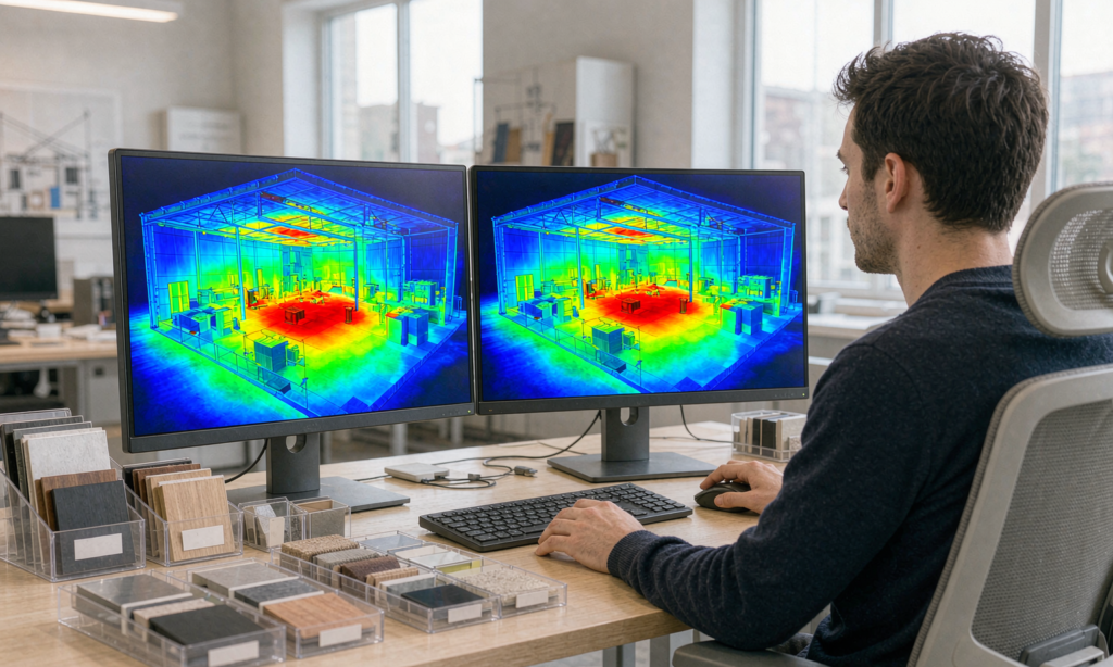 Lighting engineer reviewing a false-color illuminance render of an industrial hall on dual monitors