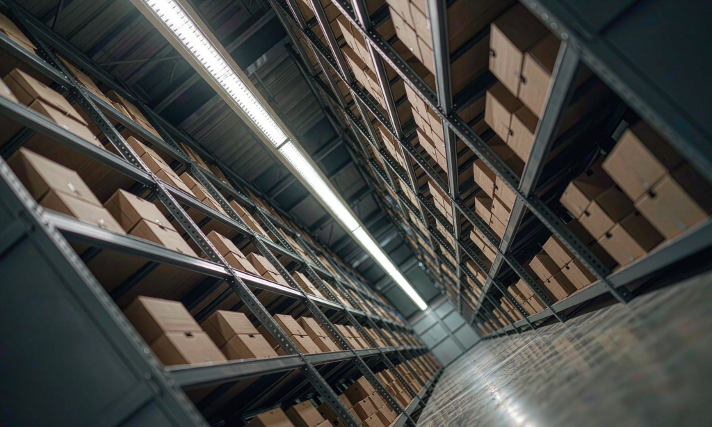 Linear LED high-bay fixtures in a continuous row lighting a narrow warehouse racking aisle