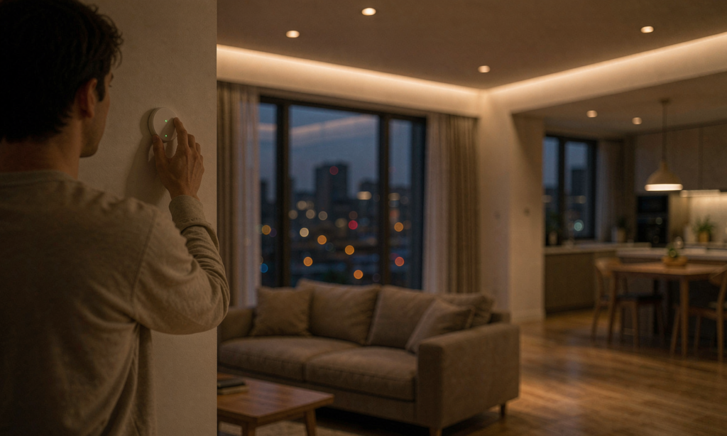 Homeowner adjusting a minimalist wireless dimmer in a smart apartment with warm recessed LED lighting
