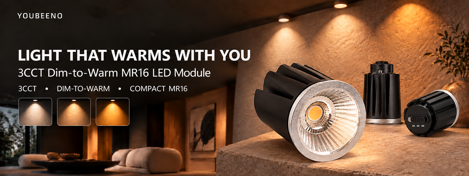 YOUBEENO 3CCT dim-to-warm MR16 LED spotlight module