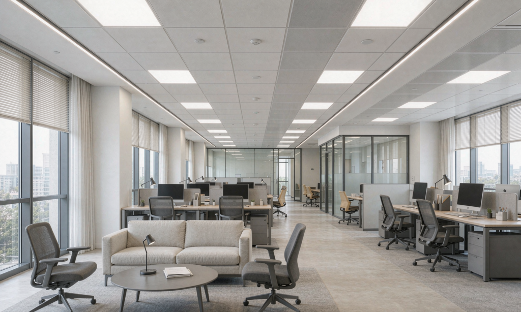 Modern commercial interior with ceiling sensors and recessed LED lighting