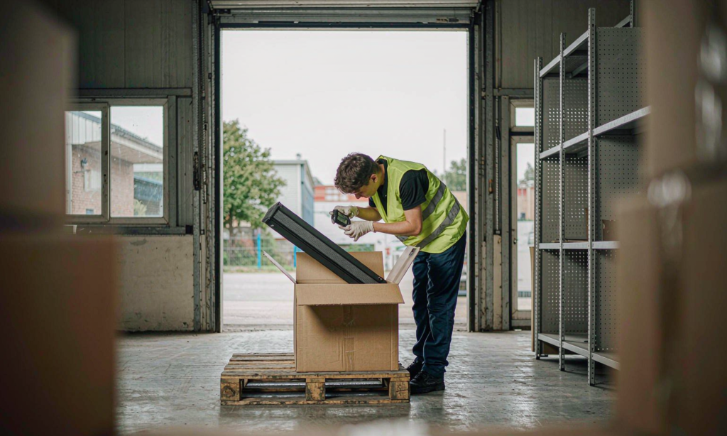 Quality inspector checking a boxed LED linear luminaire on a pallet in a warehouse dispatch area