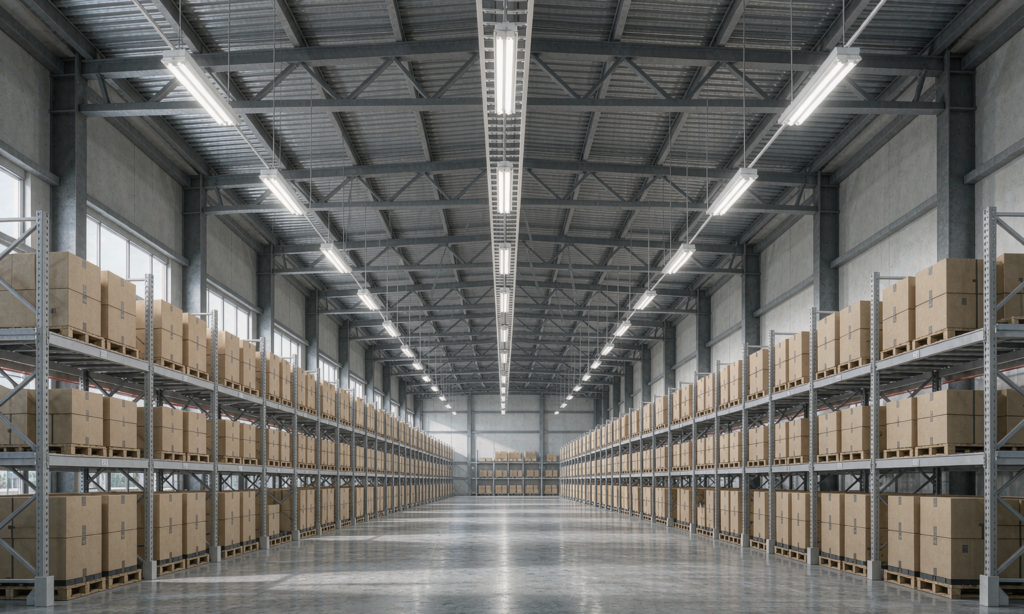 Linear LED high bays lighting a distribution warehouse after a retrofit