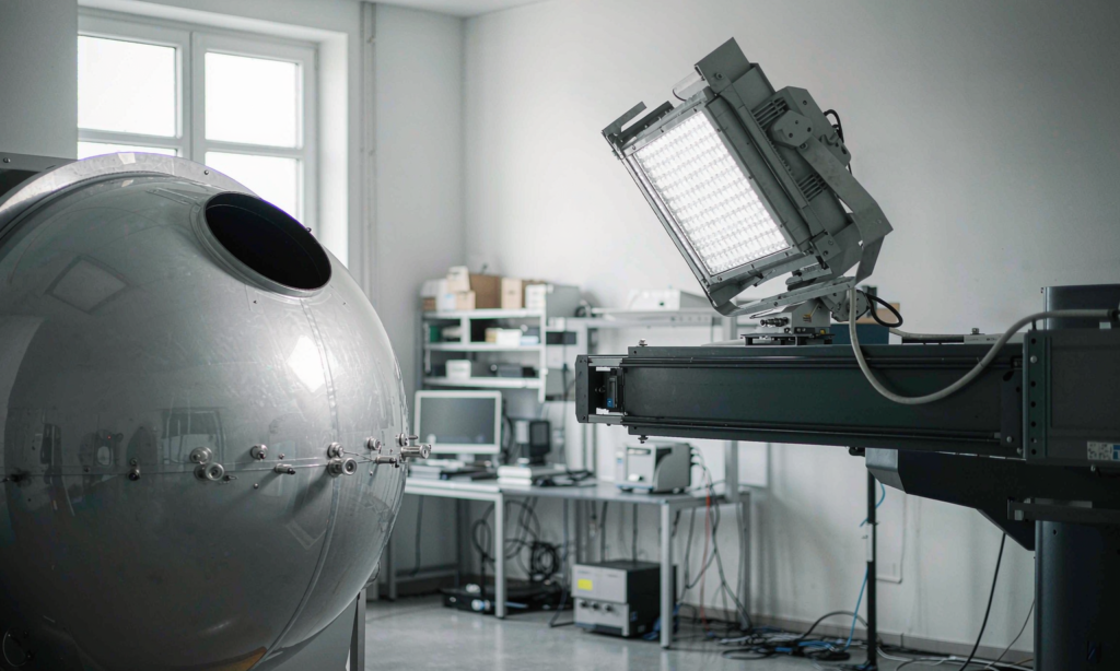 LED high-bay luminaire mounted on a goniophotometer beside an integrating sphere in a photometric testing laboratory