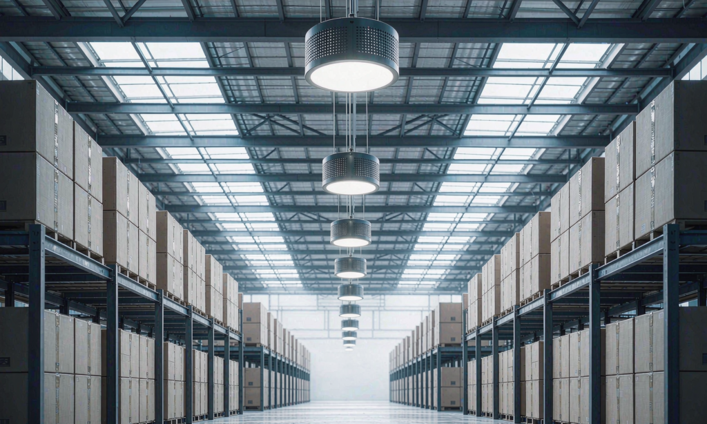 Distribution warehouse aisle with a row of LED high bay luminaires of the same family running at different output levels