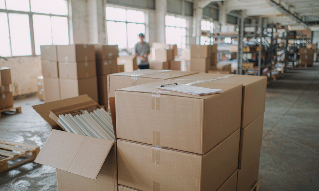 Compliance manager reviewing registration paperwork beside stacked cartons in a lighting warehouse